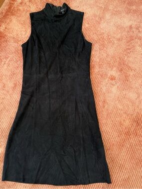 Theory Black Sleeveless Mock Neck Suede Lamb Leather Mini Dress